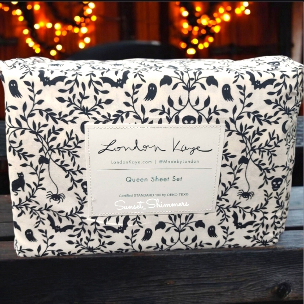 London Kaye Queen Sheet Set - Black Floral Print on White
